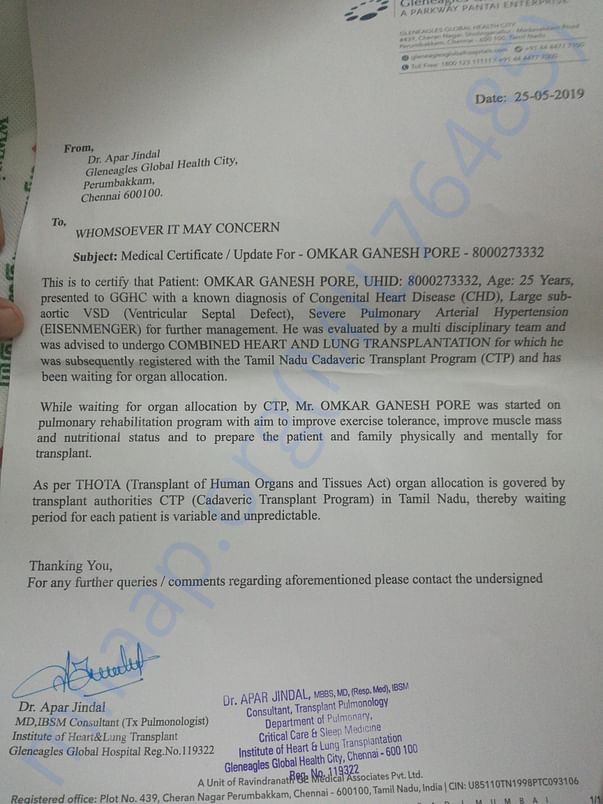 Medical certificate /update for omkar ganesh pore UHID -8000273332