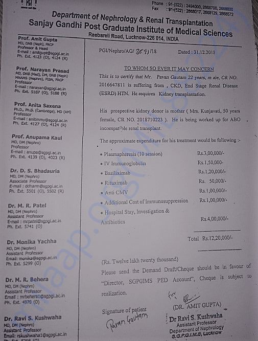 estimate of kidney transplant in SGPGI