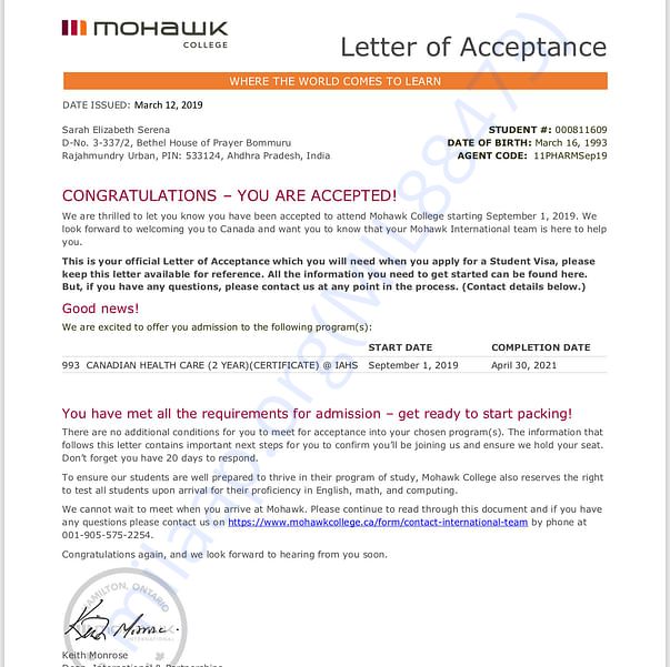Admission letter