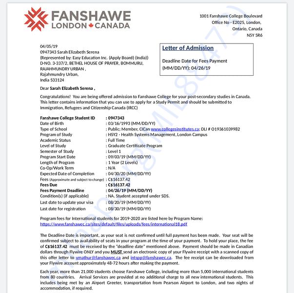 Admission letter