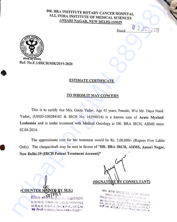 Estimate given by AIIMS for treatment