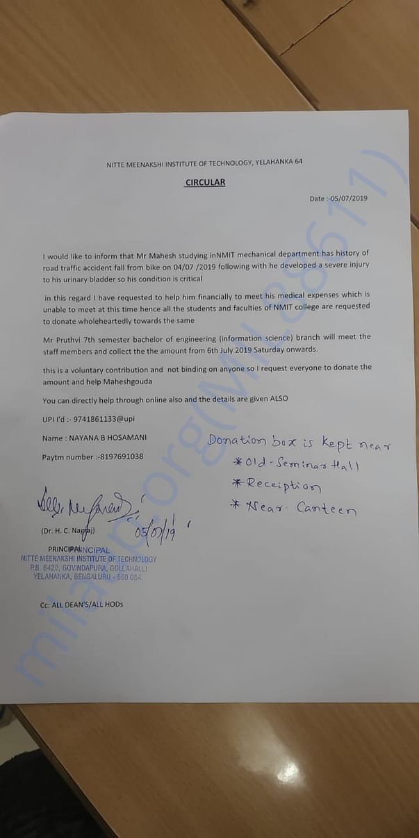 College circular to help Mahesh treatment