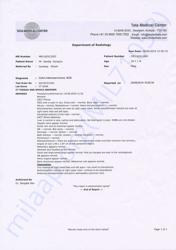CT scan report of 24-6-19 after first 6 chemo