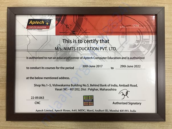 Aptech IT training authorisation certificate