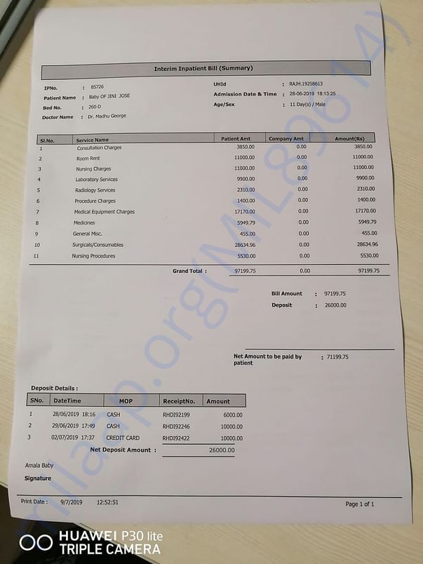 Bill summary of baby till 10/7/19