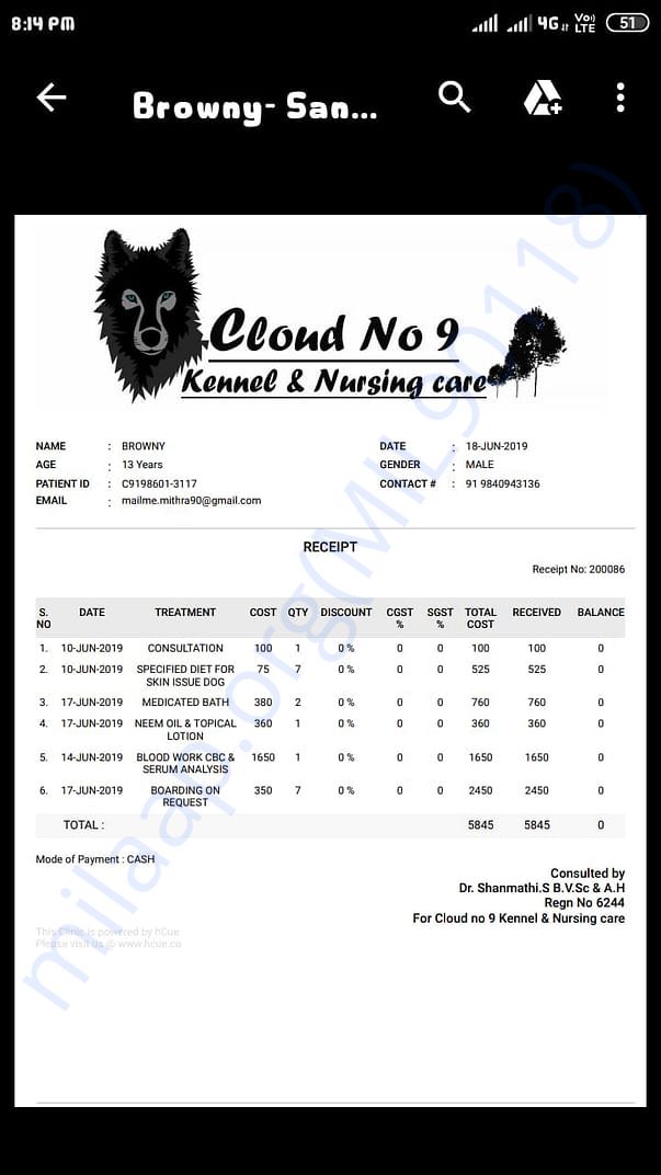bill for cloud 9 hospital treatment