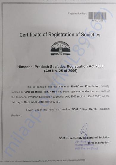 Himansh Earthcare Foundation Certificate of Registration