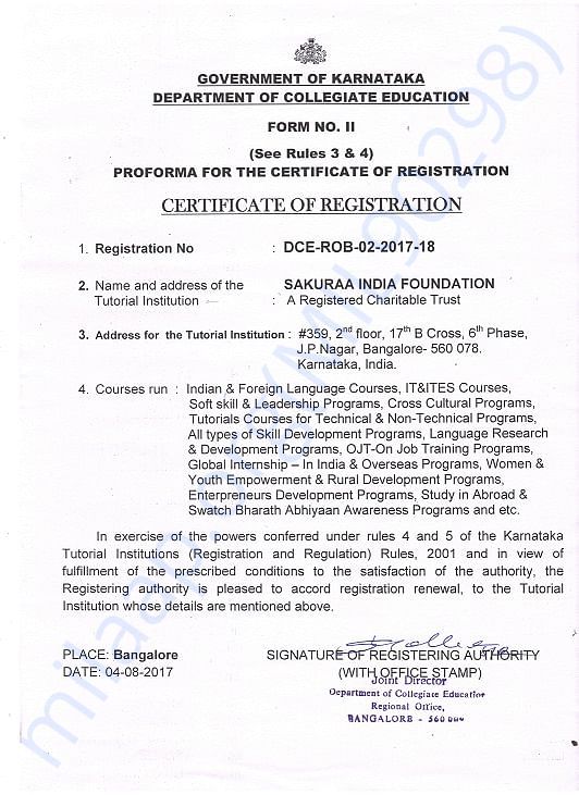 Certificate from Govt of Karnataka Dept of Collegiate Education