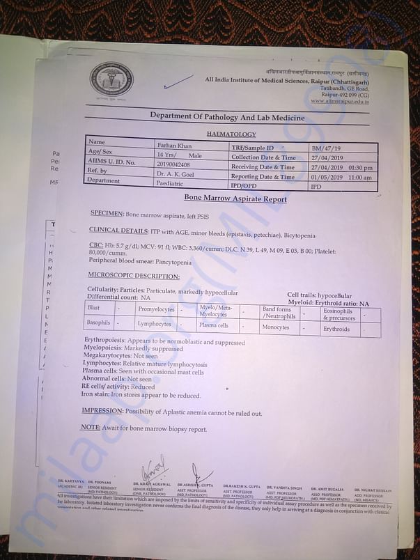 Report of bone marrow test