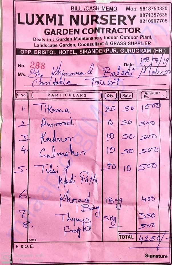 Receipt of tree saplings purchased on 18th of July 2019