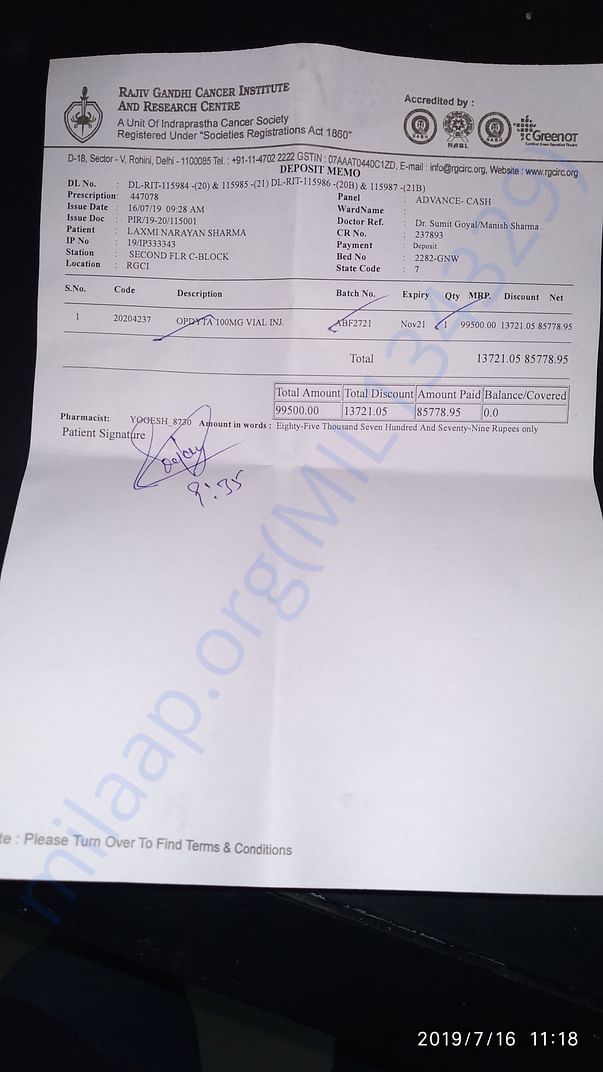 Immuno therapy 1st cycle medicine bill