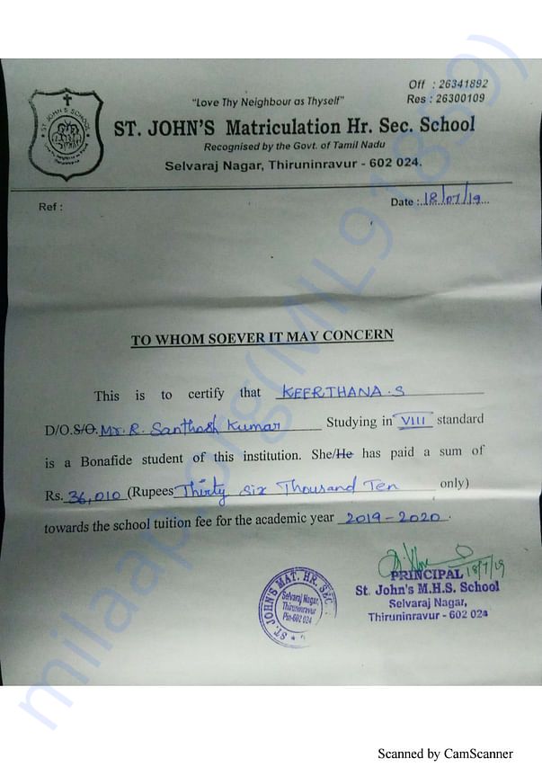 Education Fee for 2019-2020 - Keerthana