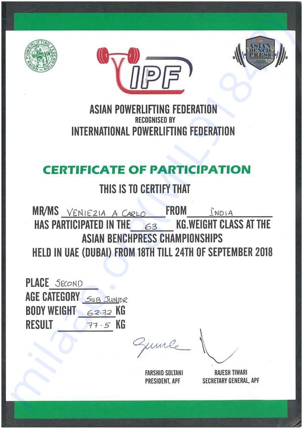 Asian Benchpress championship secured silver and gold medal