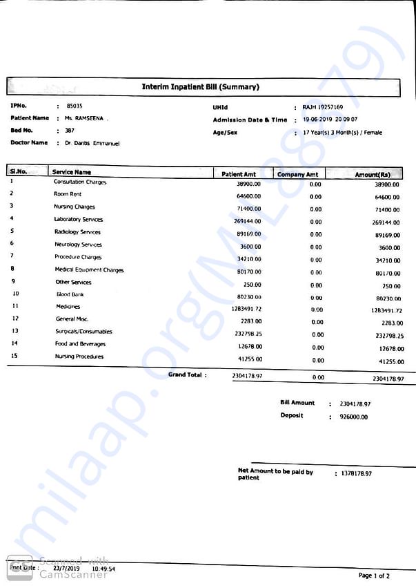 Hospital bill receipt