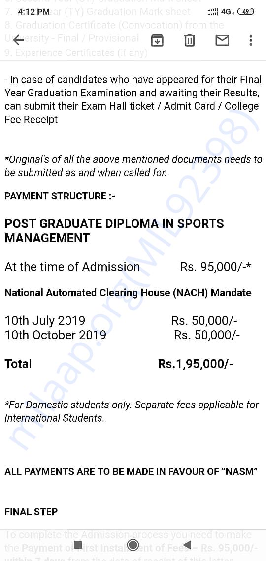Acceptance mail with the fee structure