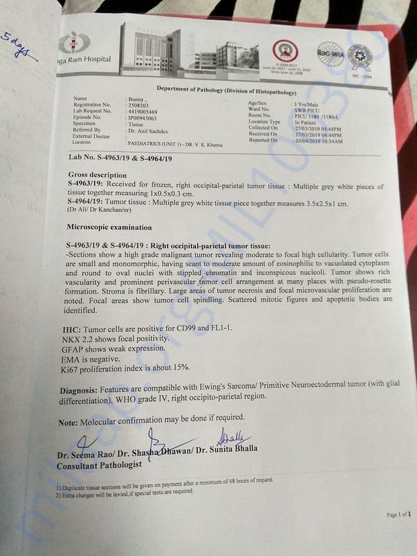 Biopsy report,, proof of cancerous tumour