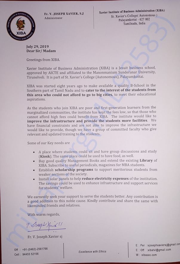 Appeal Letter from Fr. Joseph Xavier SJ