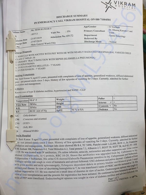Hospital report and suggestion for transplant.