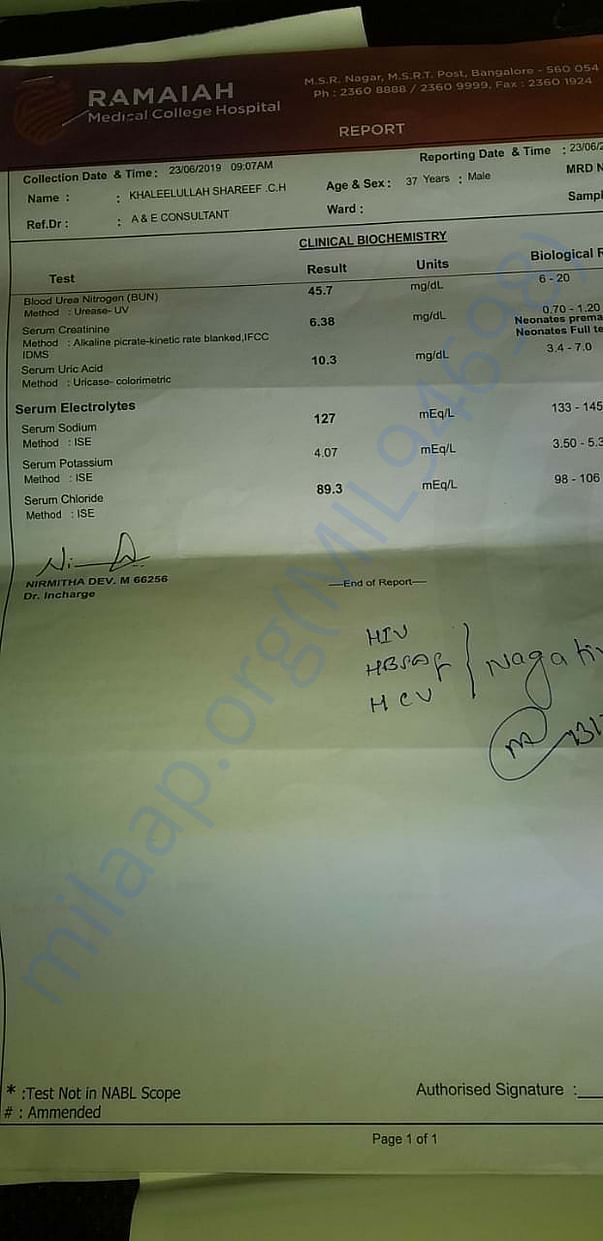 Ramaiah Hospital Blood Report - Kidney infection