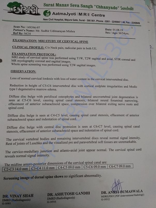 Mri report neck pain, radicular pain in both