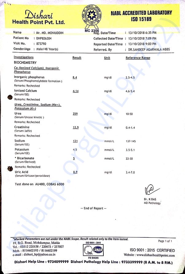 At first kidney report of kidney creatinine point