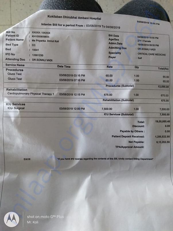 as on 4th Aug 2019 total bill is Rs. 1900085/-