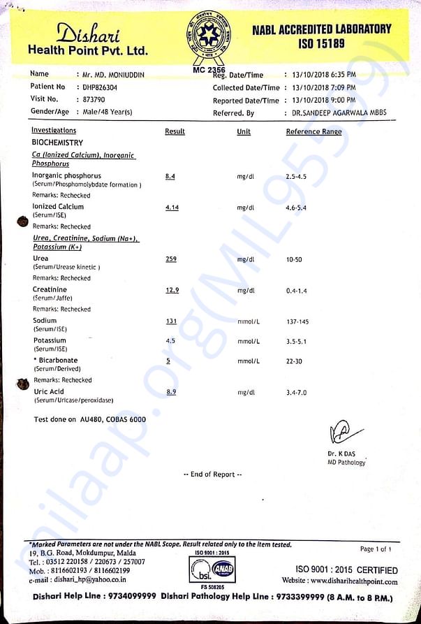At first kidney report of kidney creatinine point
