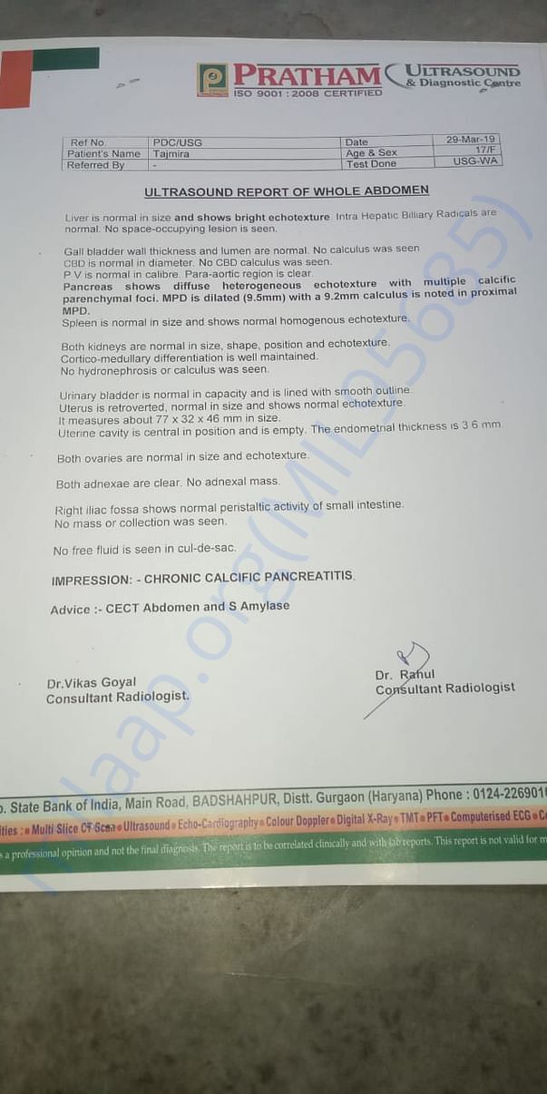 Scan report confirming pancreatitis