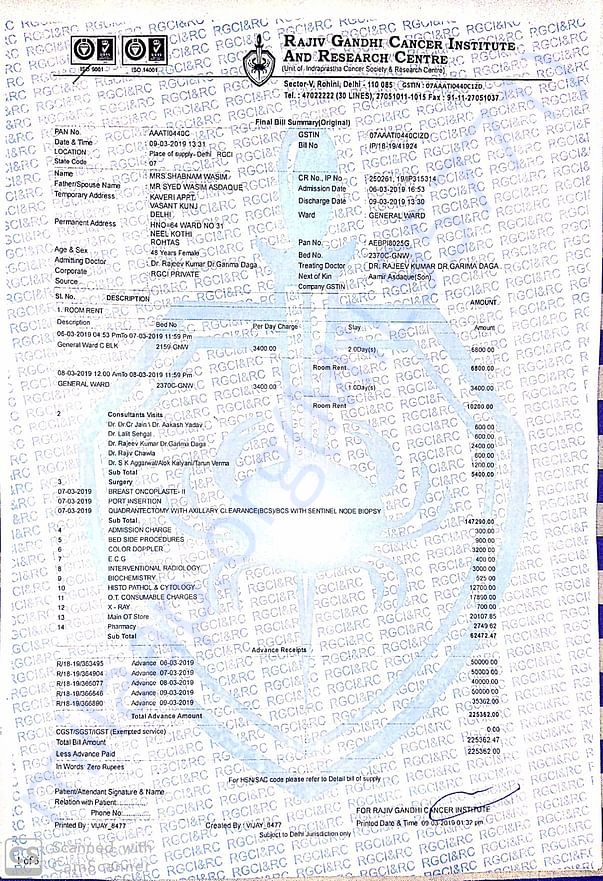 Bill summary of surgery done at Rajiv Gandhi cancer Hospital Delhi