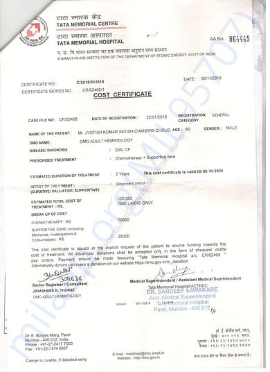 Cost Certificate by Tata Hospital