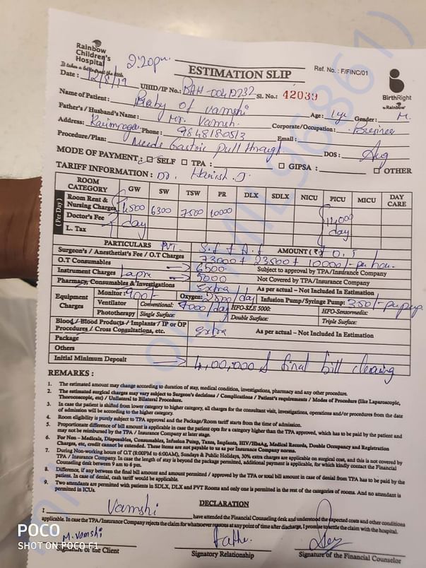 Estimation slip for next surgery at Rainbow Children's Hospital, Hyd.