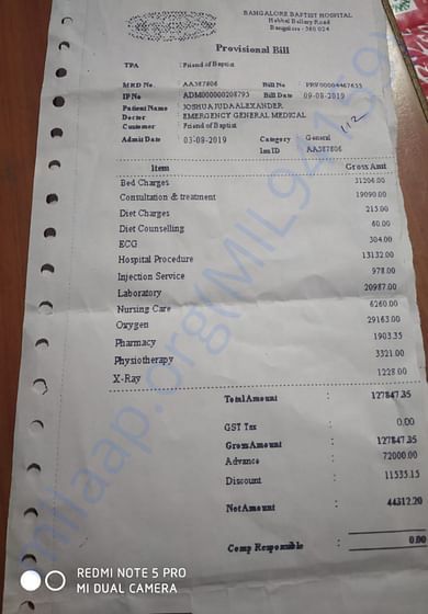 Provisional bill at Baptist Hospital