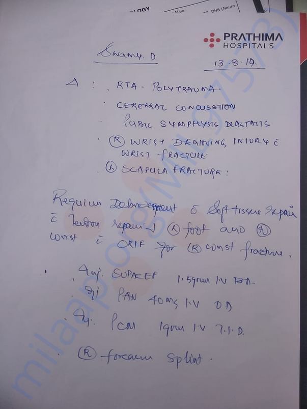 First hospital case sheet about identified injuries on body.