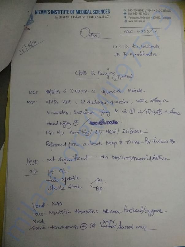 NIZAMS institute of medical sciences orthopedic surgeon letter