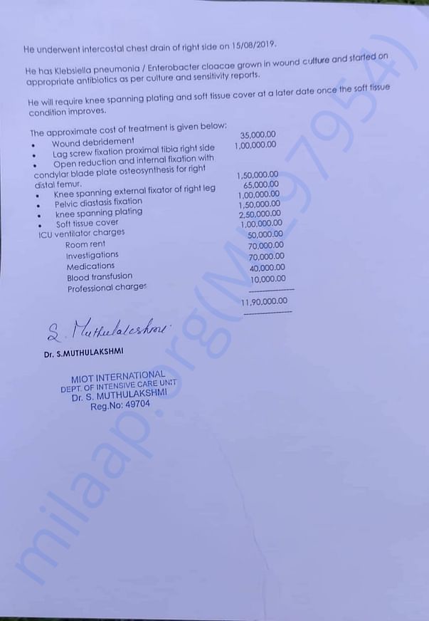 Srinivasan medical estimated cost