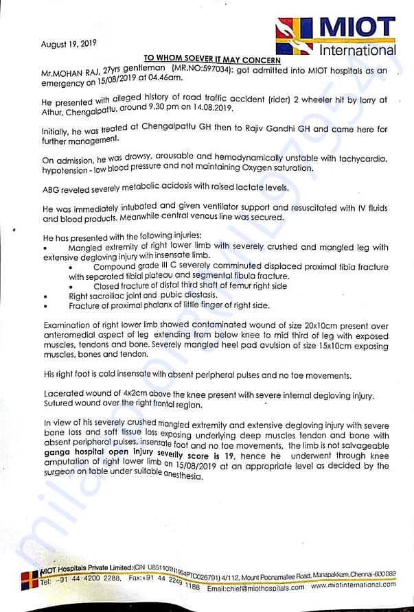 Mohan raj medical report and estimated cost