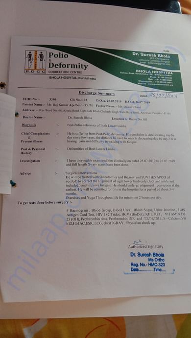 Medical report about polio deformity treatment.