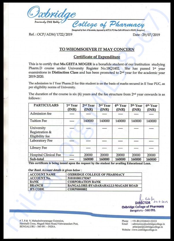 My admission and expenditure letter