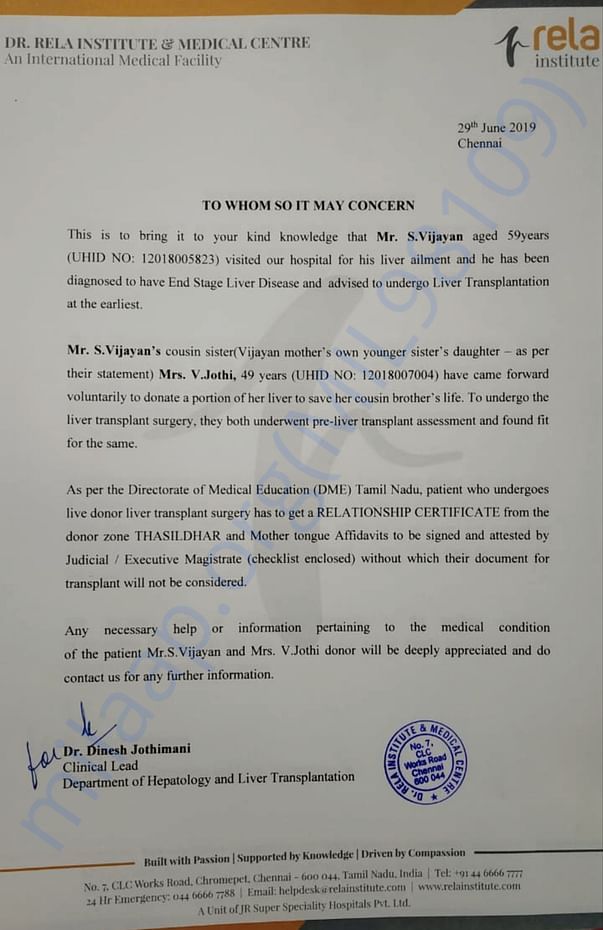 Report from Rela Institute & Medical Center on Patient Diagnosis