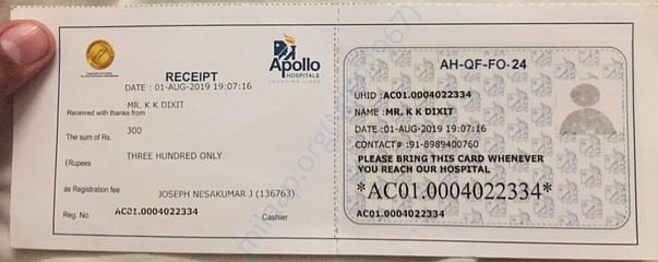 Apollo Hospital admission receipt