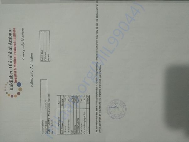 Hospital Estimate on day 1 (INR 11,00,700/-)