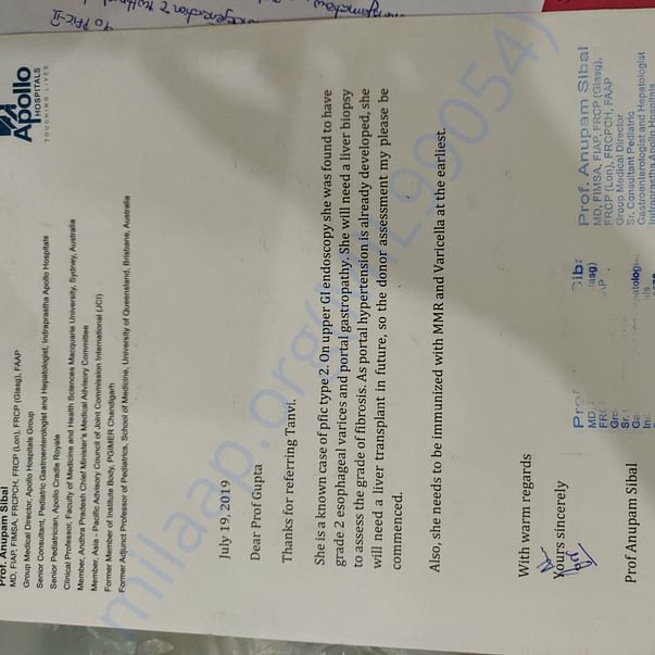 Approval from Apollo hospital for disease of Tanvi