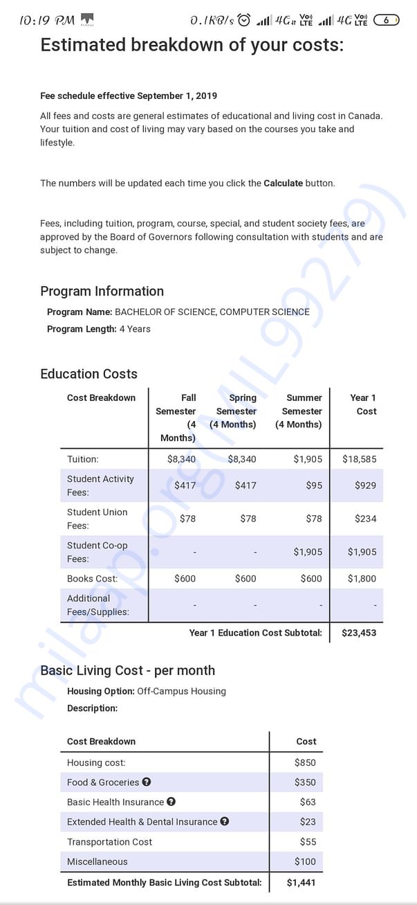Fee structure for 1 year