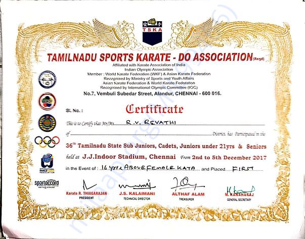 GOT GOLD MEDAL IN ABOVE 16YRS KATA IN 36TH TAMIL NADU STATE CHAMPIONSH