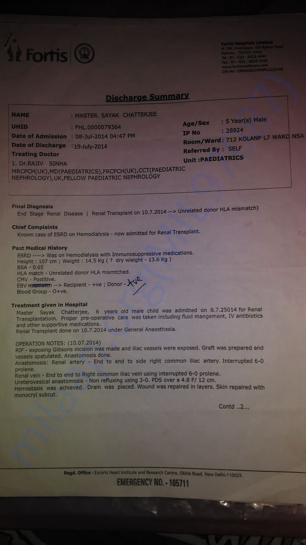 Dicharge for kidney trnsplant