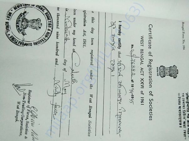 CERTIFICATE OF REGISTRATION OF SOCIETIES OF WEST BENGAL ACT XXVI 1961