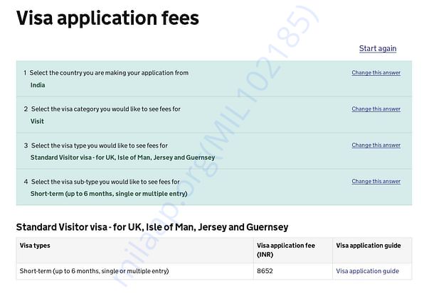 Visa cost for one person