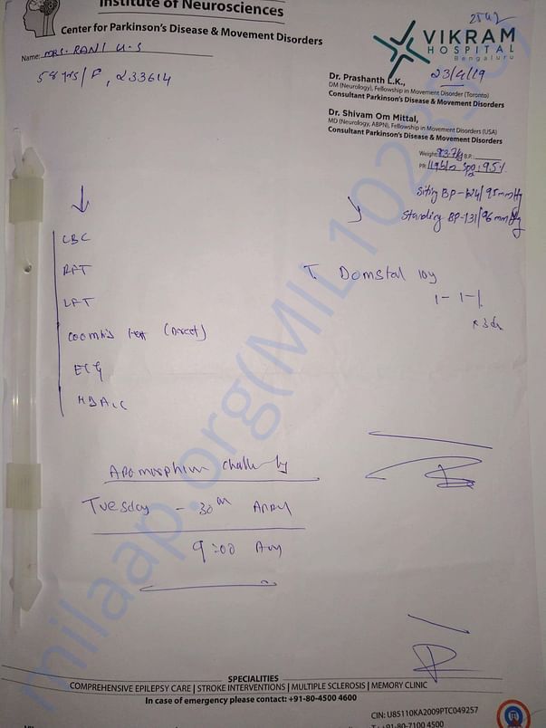 Recommended for Apomorphine Test -Vikram Hospital, Bangalore
