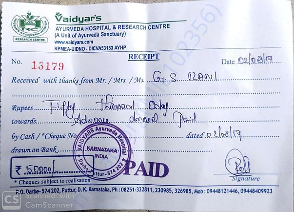 Vaidyar's Ayurveda Hospital- Advance Payment