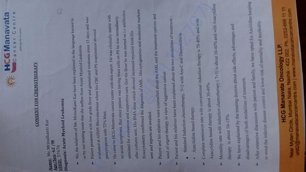 Consent letter for undergoing Chemo & Bone Marrow Transplant